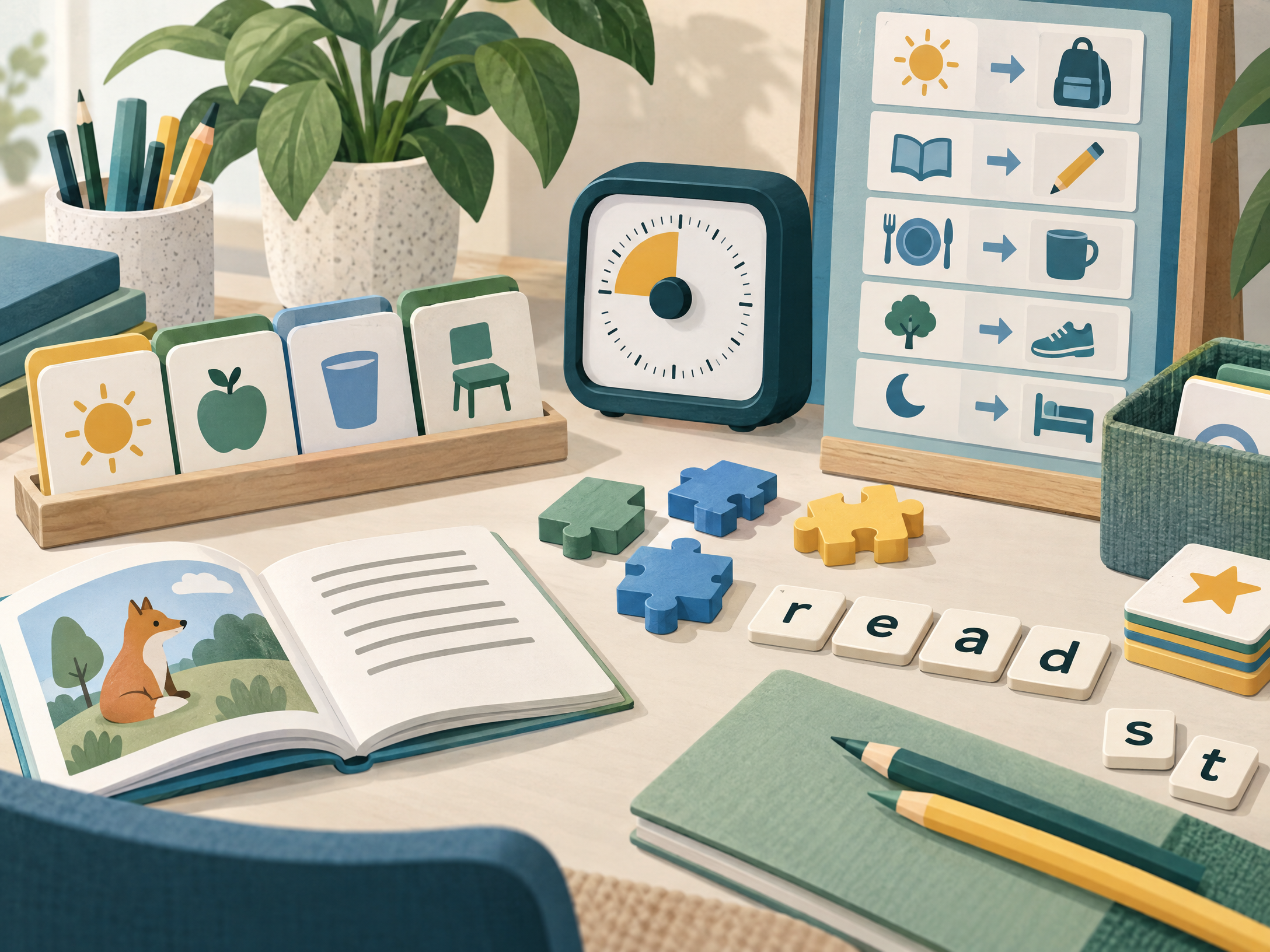 Cartões visuais, timer e materiais de leitura organizados para apoiar a aprendizagem e a rotina